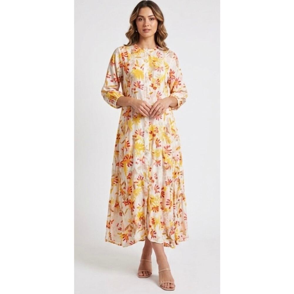Taj By Sabrina Crippa Floral Embroidered Midi Maxi Dress Womens M Button Front
